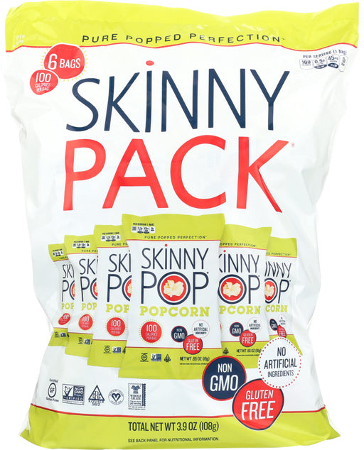  Our popcorn has no GMOs, gluten or preservatives, making SkinnyPop a tasty, guilt-free snack. This delicious popped popcorn is peanut free and tree nut free. Thats the Skinny! SkinnyPop Popcorn starts with a premium popcorn kernel, sunflower oil and the perfect amount of salt. From there, Pure Popped Perfection says it all. 