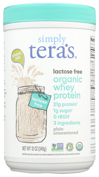 SIMPLY TERAS: Organic Whey Protein Plain Unsweetened Lactose Free, 12 oz