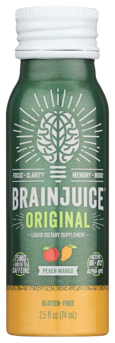 Packed with our proprietary BrainPower blend of superfoods, vitamins, Alpha-GPC, Organic Green Tea Leaf Caffeine, and sweetened with 2g of Coconut Sugar and Monk Fruit Extract, our BRAINJUICE ORIGINAL PEACH MANGO 2.5oz ready-to-drink brain supplement is a delicious way to support your neurotransmission, focus, clarity, memory, mood, and cognitive performance daily.