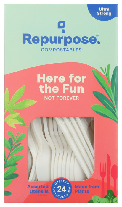 Repurpose Utensils are made 100% from plants, renewable and compostable. They are high heat resistant, heavy duty and durable