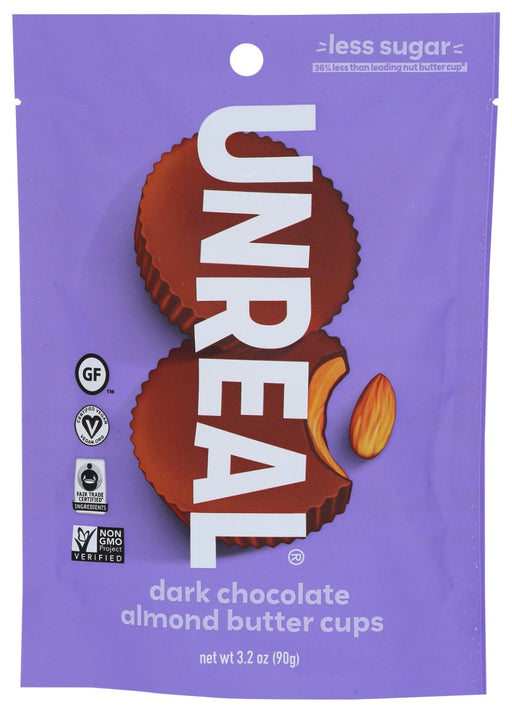 We started UNREAL so everyone can enjoy out of this world, all real chocolate snacks without all the sugar.
We make our cups with deliciously rich fair trade dark chocolate, creamy almond butter and lightly sweeten them, without sugar alcohols. We jyst use less sugar.
For real. And the taste is UNREAL!