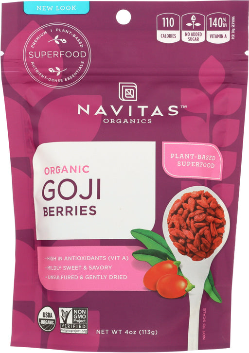 Goji Berries are a true antioxidant powerhouse, a strong source of protein and contain more than 20 vitamins and minerals. Ounce for ounce, they contain more antioxidants than oranges, more Vitamin A than carrots, and more iron than soybeans and spinach.
Perfect straight out of the bag, Navitas Organics Goji Berries are also a healthy choice to add into oatmeal, cookies, cereal, and trail mix. You can also soak the berries in water to create a nutritious tea.