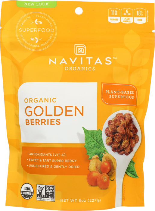 Golden Berries
Navitas Naturals Goldenberries are handpicked at small family farms in the Andes Mountains of Colombia. They're a tasty source of vital nutrients including beta-carotene, protein, bioflavonoids, and vitamin A. These chewy superfruits are a healthy snack, and their sweet &amp; tart flavor gives a delicious boost to salads, yogurts, oatmeal, cookies and desserts.