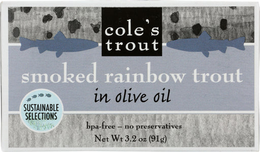 Cole's farm-raised trout fillet is deboned, carefully smoked using an aromatic Applewood blend, and hand-packed in tins using high-quality extra virgin olive oil for freshness and a delicate taste enhancement.
A nutritious snack or meal accompaniment that can be eaten straight from the can and enjoyed at home, work, or wherever adventure takes you!