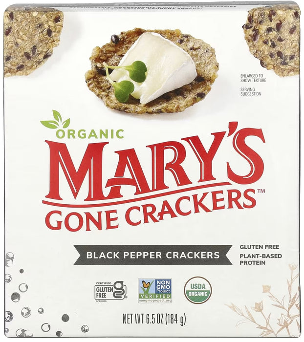 The world consists of two types of people: those who crave salt and those who adore pepper. If you're the latter, this is your cracker! We've taken our traditional recipe of organic, gluten free, whole grain brown rice, quinoa, flax seeds, and sesame seeds and added a fresh kick of organic black pepper. With Mary's Gone Crackers® Black Pepper Crackers you can enjoy the rich, nutty flavor of our original cracker and the smoky heat pepper lovers live for.