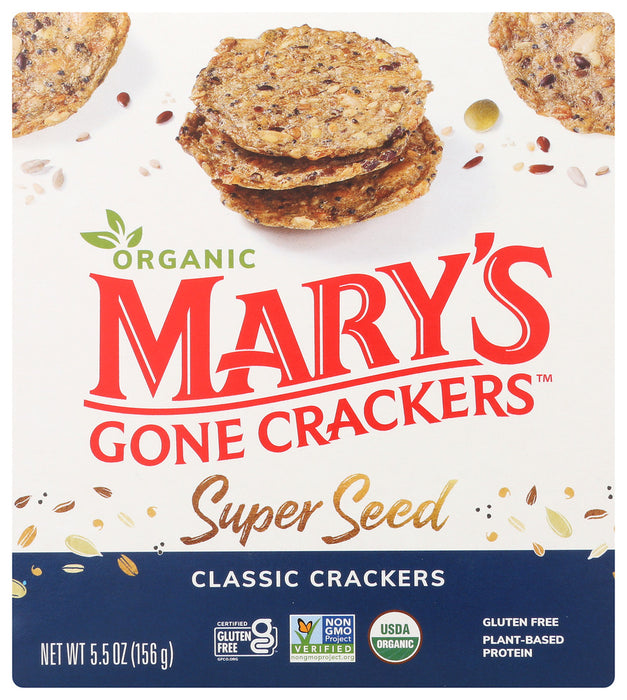 Super Seed Classic Crackers
HOW MANY SEEDS CAN ONE CRACKER HOLD?!?
The answer may reside in every Super Seed cracker we bake. In addition to the organic flax and sesame seeds of our traditional recipe, we've added luscious organic pumpkin seeds, sunflower seeds, and poppy seeds. The result is a tremendously satisfying cracker, buttery yet crisp. Mary's Gone Crackers® Super Seed Classic Crackers are a sure hit for those who like their crackers healthful and hearty!