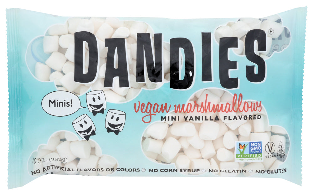 Dandies® Mini Marshmallows are made with no artificial flavors or colors, no corn syrup, no gelatin, and no gluten. Our marshmallows are kosher and made with non-gmo ingredients.