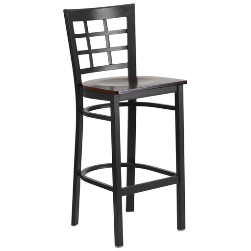 Black Window Back Metal Restaurant Barstool - Walnut Wood Seat - No Brand For Less 