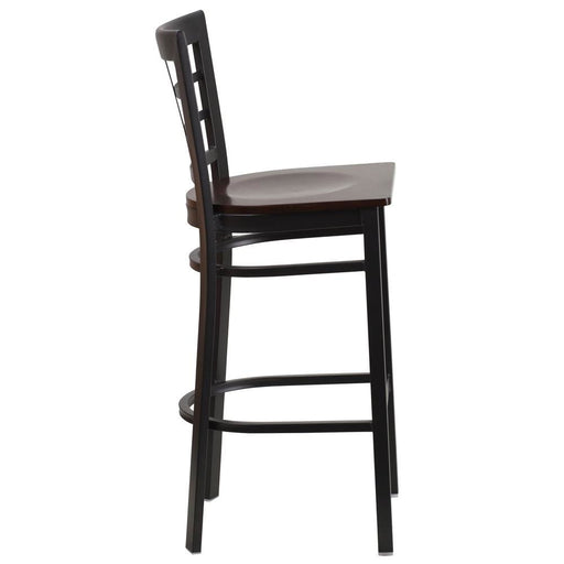 Black Window Back Metal Restaurant Barstool - Walnut Wood Seat - No Brand For Less 