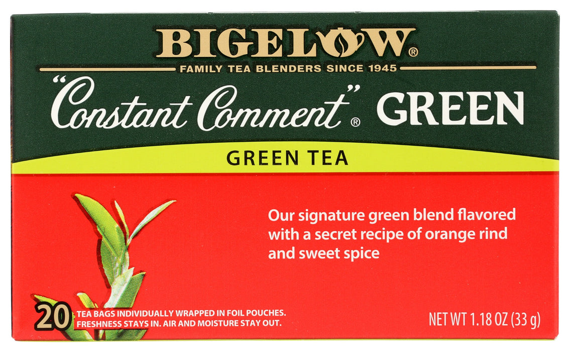 Each ingredient below has been carefully selected by the Bigelow family to deliver an uncompromised quality tea experience. Our iconic œConstant Comment recipe is so successful, it only makes sense that we create a version for those who prefer a green tea. Also flavored with orange rind and sweet spice, this recipe offers a unique twist when added to our smooth, delicate hand-picked green tea. A subtle variation in taste, but equally delicious.