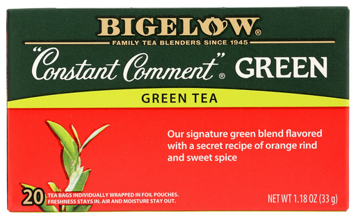 Each ingredient below has been carefully selected by the Bigelow family to deliver an uncompromised quality tea experience. Our iconic œConstant Comment recipe is so successful, it only makes sense that we create a version for those who prefer a green tea. Also flavored with orange rind and sweet spice, this recipe offers a unique twist when added to our smooth, delicate hand-picked green tea. A subtle variation in taste, but equally delicious.