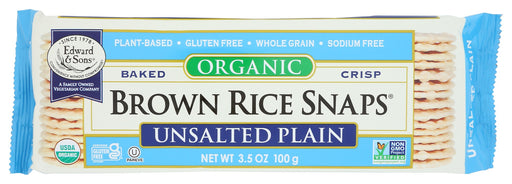 In 1978, Edward &amp; Sons introduced the first Brown Rice Snaps®. Oven baked instead of fried, they pioneered a new generation of healthy, whole grain snacking. Organic Unsalted Plain Brown Rice Snaps® are baked with 100% whole grain brown jasmine rice and contain no added oils or preservatives. Just one ingredient! Exceptionally crisp and delicious, they are great straight out of the package or served with your favorite dips and spreads.