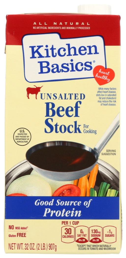 Kitchen Basics® Unsalted Beef Stock offers full-bodied flavors of beef, tender veggies and herbs and spices, slow-simmered for hours. This gluten-free beef stock contains no added salt and no artificial flavors. Use this versatile beef stock to create homemade meals, like beef and noodles, chili or beef stew. Amplify the flavor of your sauce, gravy or side dishes with this unsalted beef stock.