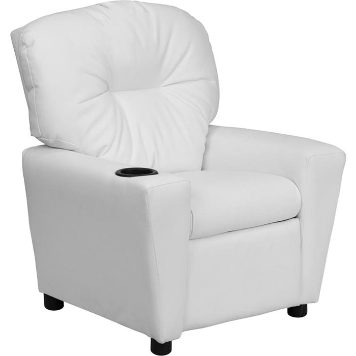 Contemporary White Vinyl Kids Recliner with Cup Holder