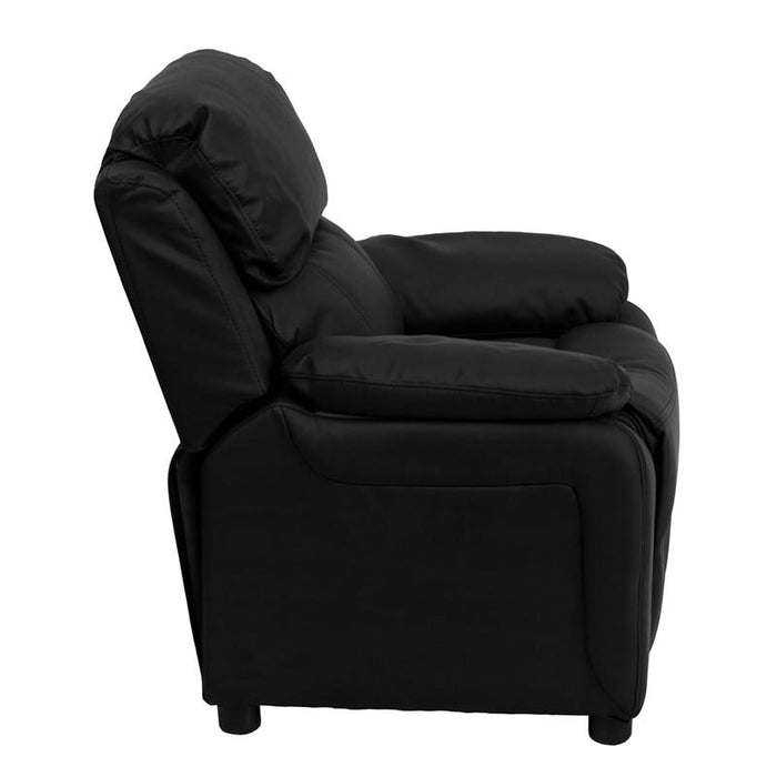 Deluxe Padded Contemporary Black LeatherSoft Kids Recliner with Storage Arms