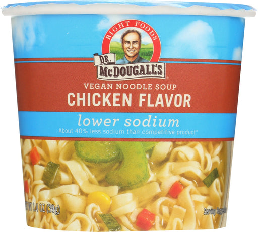 Dr. McDougall's Right Foods® Lower Sodium Vegan Chicken Flavor Noodle Soup is the perfect way to get cozy and teat your body well. With only 370mg of sodium per cup, it's the best way to enjoy your childhood favorite comfort food without all the salt. It keeps you going with only 140 calories and tastes like a chicken soup, even though it's completely vegan.