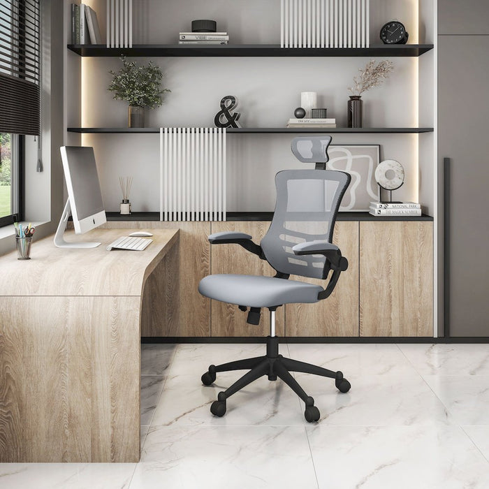 Modern High-Back Mesh Executive office Chair With Headrest And Flip Up Arms. Color: Silver Grey