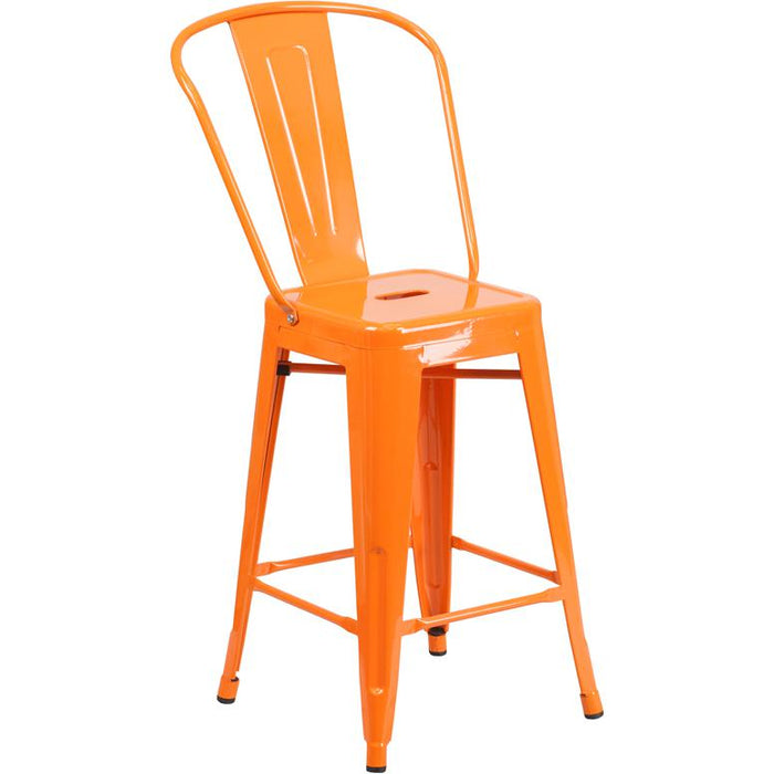 24" High Orange Metal Indoor-Outdoor Counter Height Stool with Removable Back