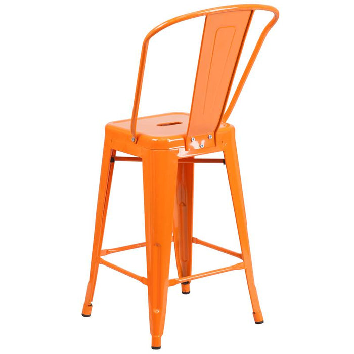 24" High Orange Metal Indoor-Outdoor Counter Height Stool with Removable Back