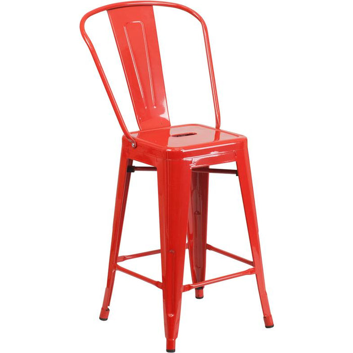 24" High Red Metal Indoor-Outdoor Counter Height Stool with Removable Back