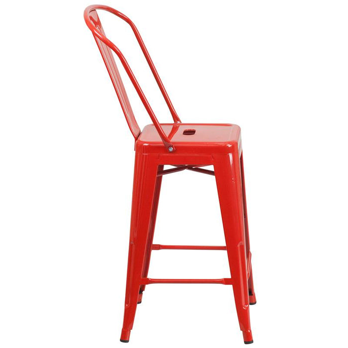 24" High Red Metal Indoor-Outdoor Counter Height Stool with Removable Back