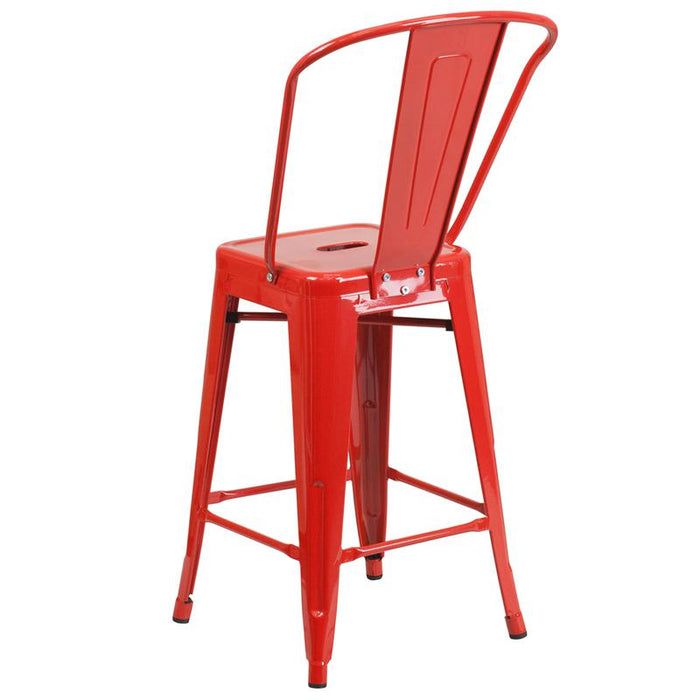 24" High Red Metal Indoor-Outdoor Counter Height Stool with Removable Back