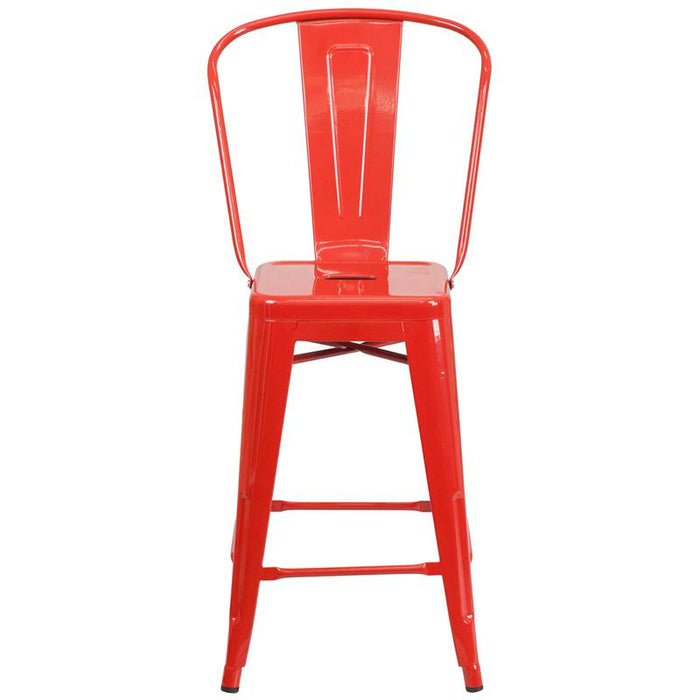 24" High Red Metal Indoor-Outdoor Counter Height Stool with Removable Back