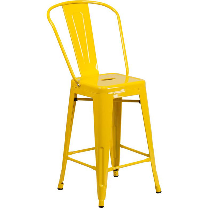 24" High Yellow Metal Indoor-Outdoor Counter Height Stool with Removable Back