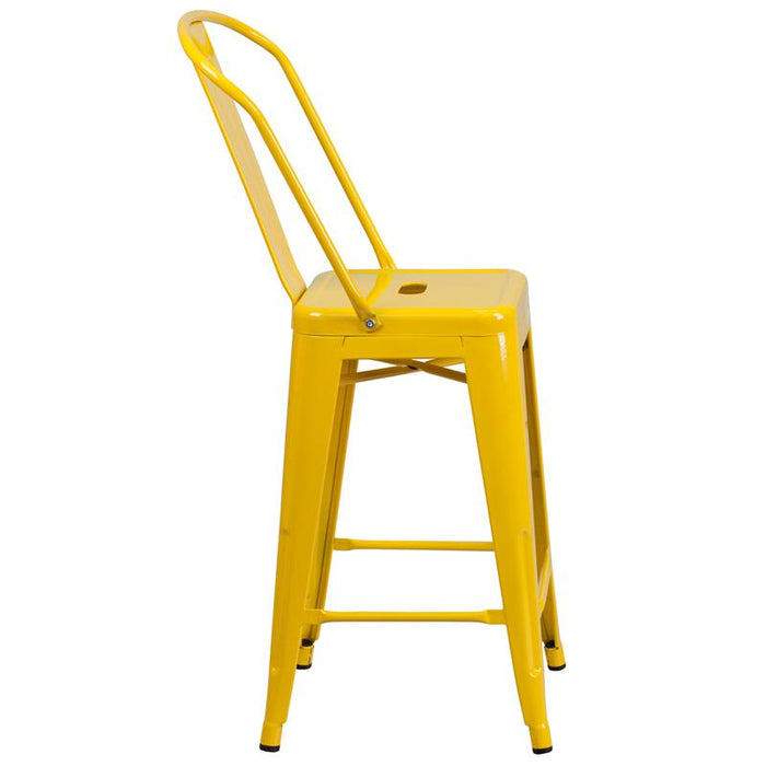 24" High Yellow Metal Indoor-Outdoor Counter Height Stool with Removable Back