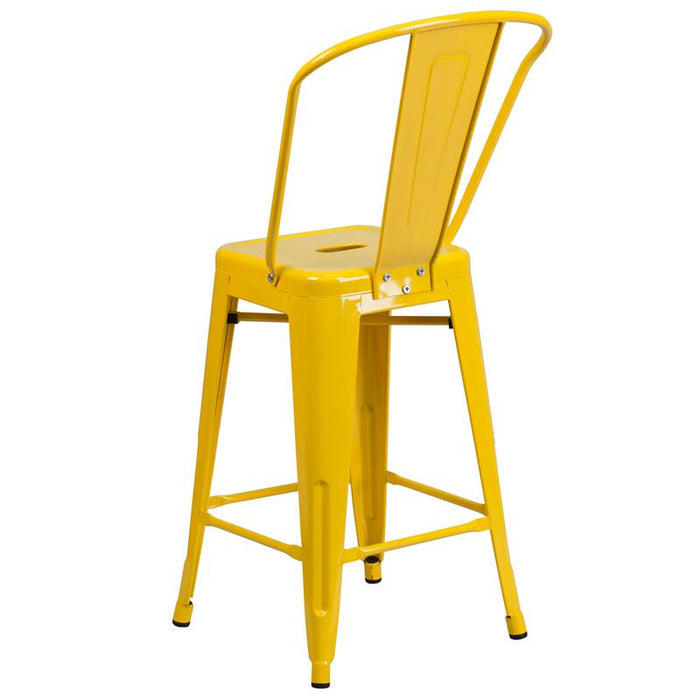 24" High Yellow Metal Indoor-Outdoor Counter Height Stool with Removable Back