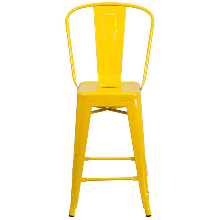 24" High Yellow Metal Indoor-Outdoor Counter Height Stool with Removable Back