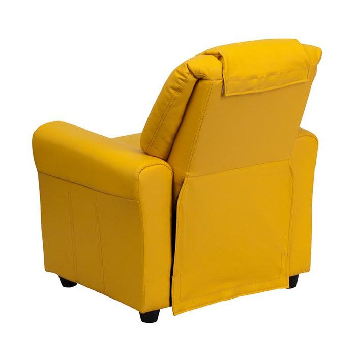 Contemporary Yellow Vinyl Kids Recliner with Cup Holder and Headrest