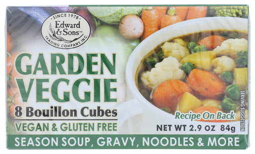 Edward &amp; Sons® Garden Veggie Bouillon Cubes make wholesome, satisfying broth in seconds with just hot water. Just mix with hot water for delicious flavored broth, or add to soups, stews and sauces as the chef's secret seasoning. Our traditional Garden Veggie cube contains added salt, but we're happy to offer a low-sodium version as well.