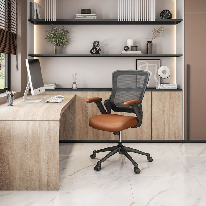 Mid-Back Mesh Task Office Chair with Height Adjustable Arms. Color: Brown