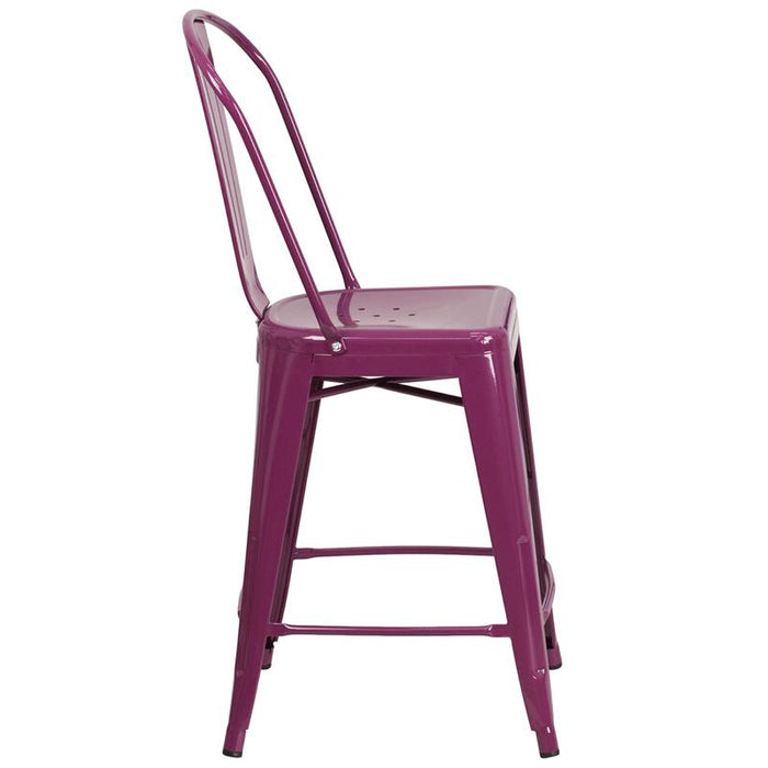 24" High Purple Metal Indoor-Outdoor Counter Height Stool with Back