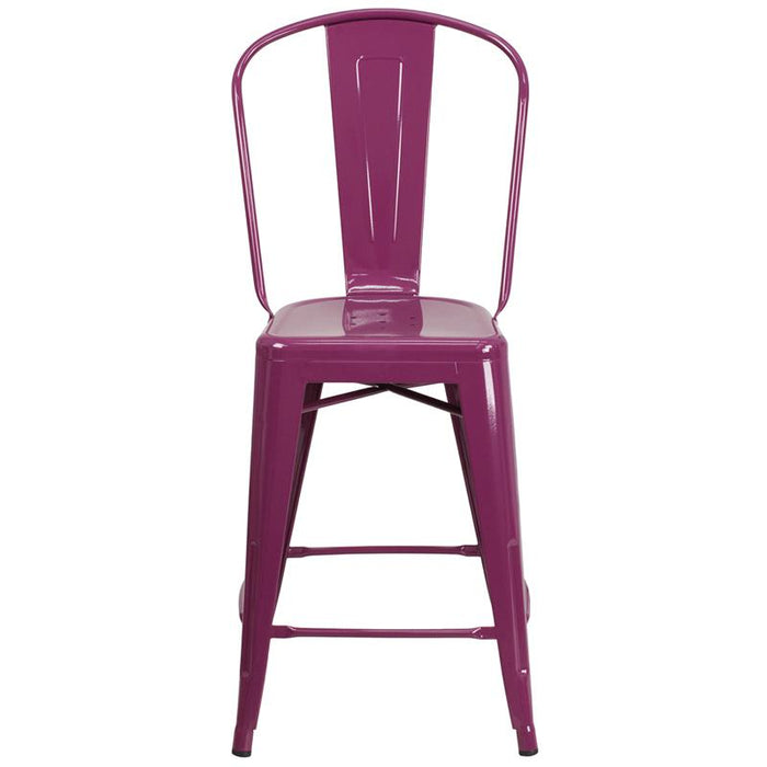 24" High Purple Metal Indoor-Outdoor Counter Height Stool with Back