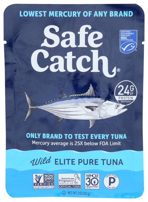 Safe Catch Elite Wild Tuna Pouch, simply the lowest mercury tuna of any brand! Now in single-serving pouches. Take them anywhere!