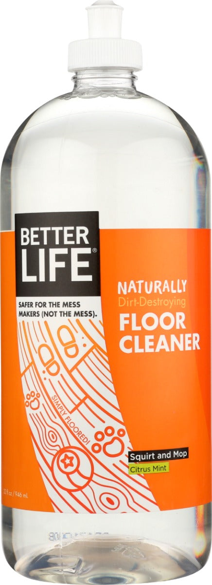 Better Life Floor Cleaner Citrus Mint is made of 100% plant-derived product; free of volatile organic compounds, alkyphenol surfactants, and petroleum. It has a delicious citrus mint scent (perfume-free) that safely cleans and restores a brilliant shine to hardwood, ceramic tile, stone, bamboo, vinyl, laminate, and other sealed floors. Never tested on animals.