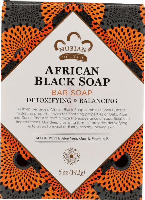 Nubian Heritage's African Black Soap combines Shea Butter's hydrating properties with the soothing properties of Oats, Aloe and Cocoa Pod Ash to minimize the appearance of superficial skin imperfections. Our deep cleansing formula provides detoxifying exfoliation to reveal radiantly healthy-looking skin.