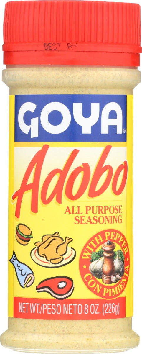 The #1 brand of Latin all-purpose seasonings. GOYA® Adobo All-Purpose Seasoning with Pepper is the perfect blend of garlic, oregano, black pepper and Latin spices that adds quick flavor to any meat, chicken, fish and vegetables. A simple shake before cooking is all it takes.