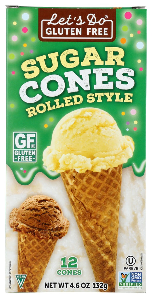 Let's Do Gluten Free® Gluten Free Sugar Cones are made with potato starch and tapioca starch and sweetened with demerara sugar to create light, crunchy gluten-free cones to pair with your favorite ice cream. 