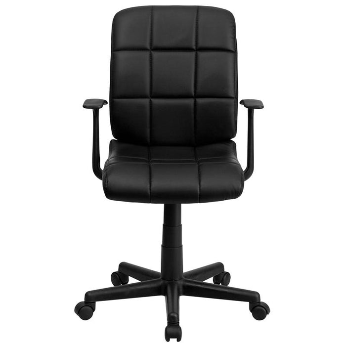 Mid-Back Black Quilted Vinyl Swivel Task Office Chair with Arms