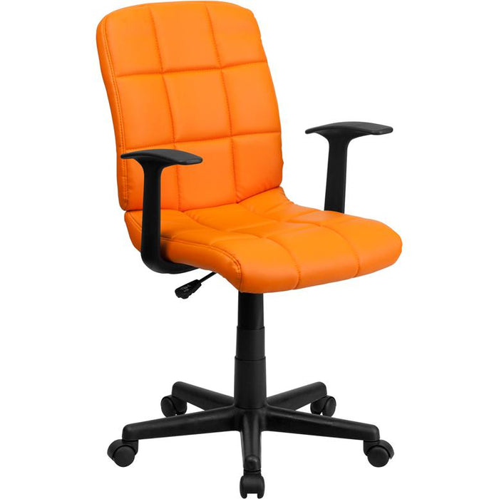 Mid-Back Orange Quilted Vinyl Swivel Task Office Chair with Arms