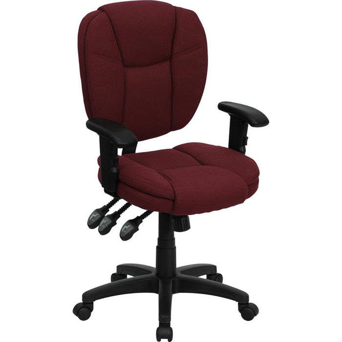 Mid-Back Burgundy Fabric Multifunction Swivel Task Office Chair and Arms