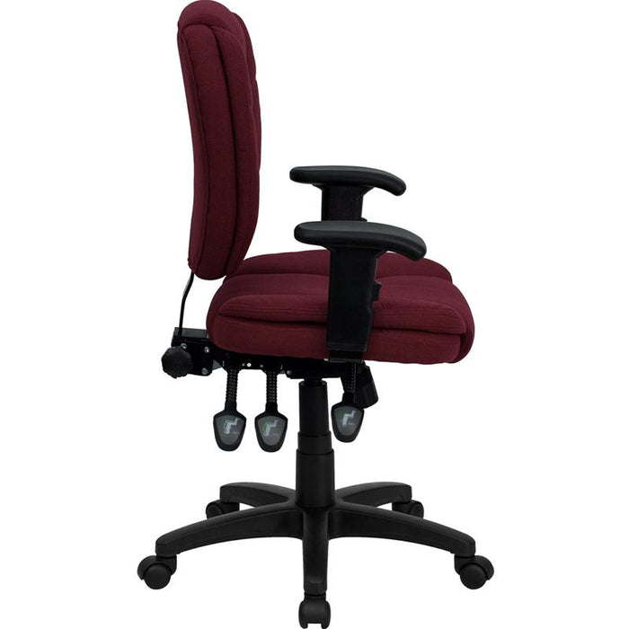 Mid-Back Burgundy Fabric Multifunction Swivel Task Office Chair and Arms