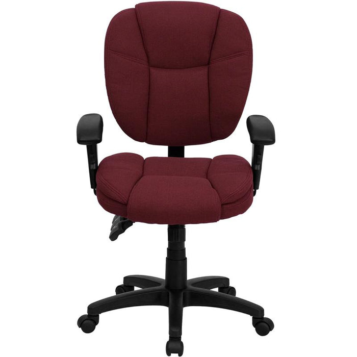 Mid-Back Burgundy Fabric Multifunction Swivel Task Office Chair and Arms