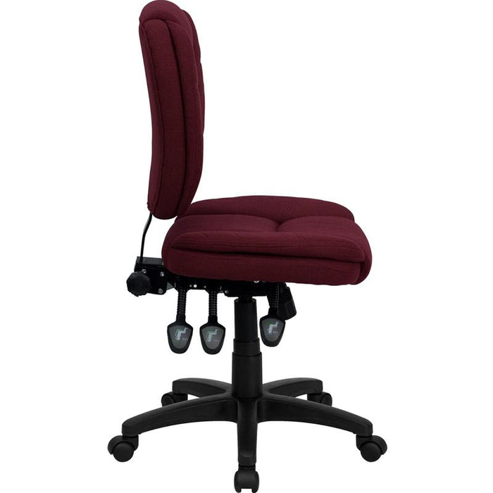 Mid-Back Burgundy Fabric Multifunction Swivel Ergonomic Task Office Chair with Pillow Top Cushioning