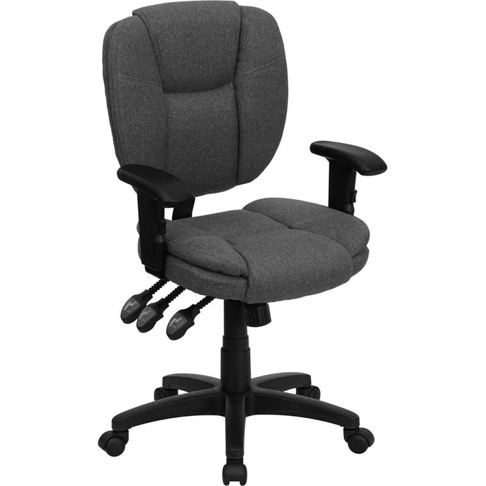 Mid-Back Gray Fabric Multifunction Swivel Task Office Chair and Arms