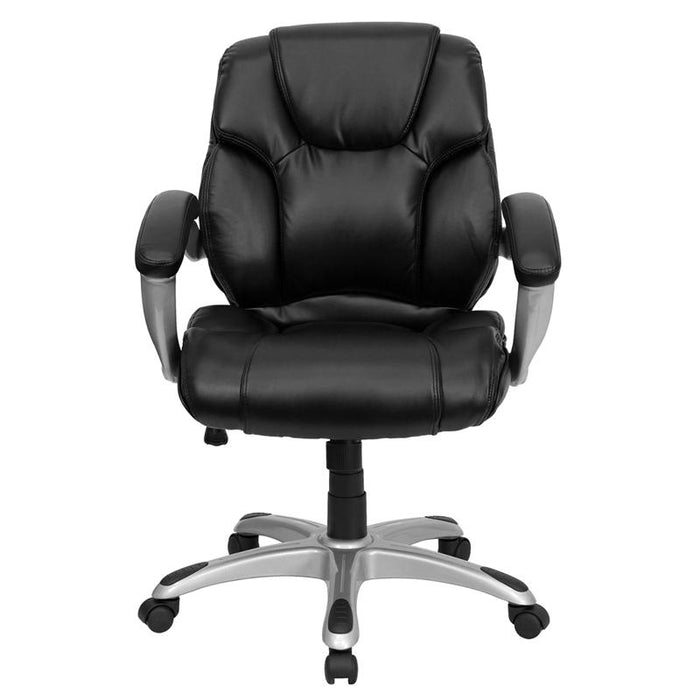 Mid-Back Black LeatherSoft Layered Upholstered Executive Swivel Ergonomic Office Chair with Silver Nylon Base and Arms