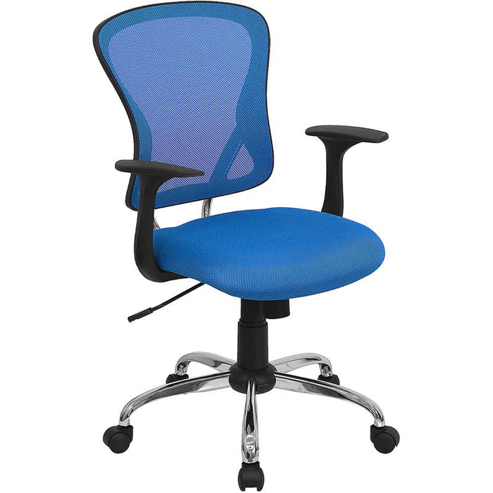 Mid-Back Blue Mesh Swivel Task Office Chair with Chrome Base and Arms